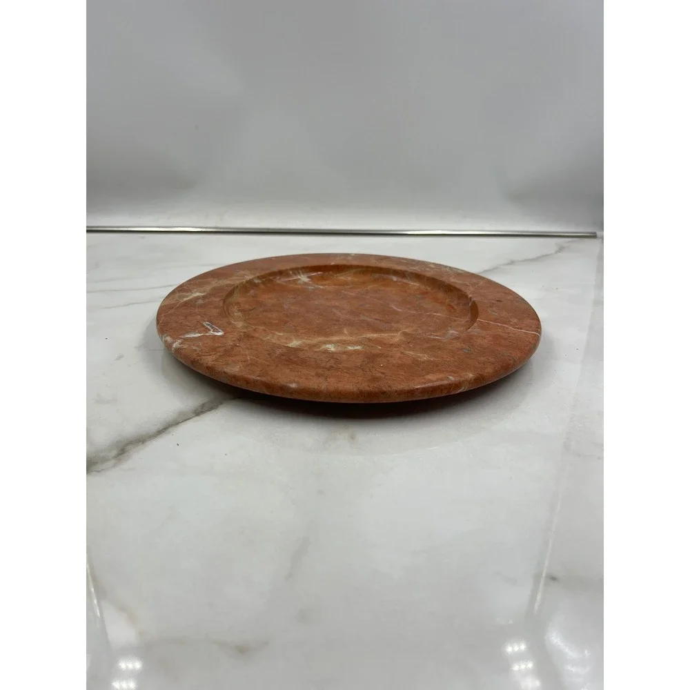 VTG Red Marble Plate Decorative Tray Round Stone Catchall 11.5 Inch Terracotta